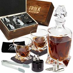 Whiskey Set For Men & Women - Whiskey Decanter 2 Twist Whiskey Glasses 6 XL Stainless Steel Whisky Bullets Freezer Base 2 Coasters Tongs & Freezer Pouch In Pinewood Box