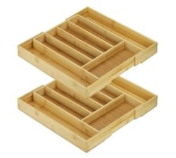 2 - Pack Expandable Cutlery Drawer Organiser Bamboo Tray
