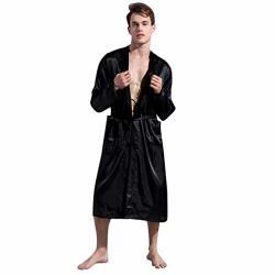Mens Classic Satin Silk Pajamas Kimono Spa Bathrobe Lightweight Loungewear Nightwear Long Bath Robe Black Large