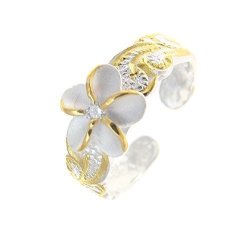 925 Sterling Silver 2 Tone Yellow Gold Plated 8MM Hawaiian Scroll Plumeria Flower Cz Toe Ring