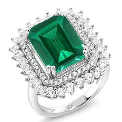 7.10 Ct Emerald Cut Green Simulated Emerald 925 Sterling Silver Ring Size 8