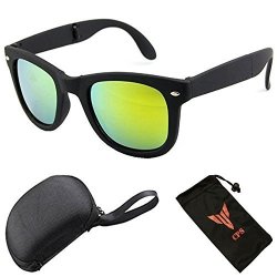 Fordable Folding Pocket Retro Mirror Wayfarer Compact Men Women Sunglasses + Free Sunglasses Case Green