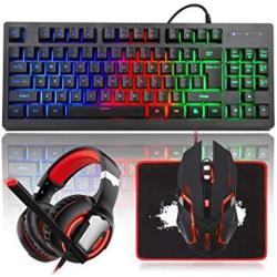 Mftek Rgb Rainbow Backlit Gaming Keyboard And Mouse Combo LED PC Gaming Headset With Microphone Large Mouse Pad Small Compact 87 Keys USB Wired