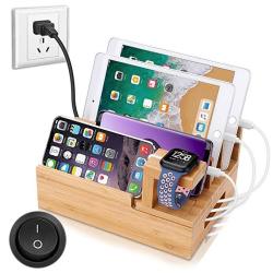 Inkotimes Charging Station With 5-PORT USB Charger Bamboo Charging Station For Multiple Devices Of Apple Iwatch Iphone Ipad Samsung Universal Ios And Android Cell