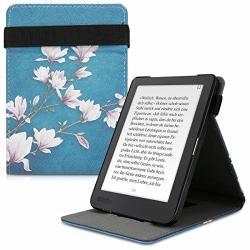 Kwmobile Cover For Kobo Clara HD - Pu Leather E-reader Case With Built-in Hand Strap And Stand - Magnolias Taupe white blue Grey