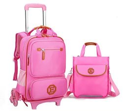 Meetbelify Trolley School Bags Rolling Backpack For Kids Six Wheels Climb Stairs With Lunch Bag Pink
