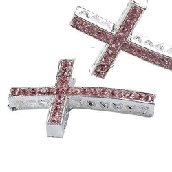 Rubyca 20PCS Cross Sideway Metal Connector Bead Diy Shamballa Bracelet White Silver Color Light Rose Pink Crystal Inlay