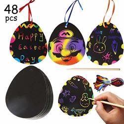 Diyasy 48 Pcs Scratch Easter Eggs Ornaments Magic Scratch Art Cards Rainbow Scratch Easter Day Ornaments Egg With Scratch Tool And Ribbon.