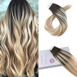 Moresoo 20INCH Tape In Hair Extensions Real Human Hair Color 2 Brown Fading To Blonde 27 Mixed 613 Skin Weft Remy Tape In Hair 20PCS 50G Per Pack