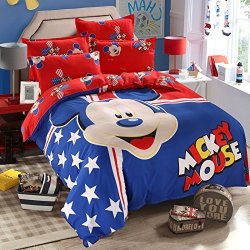 LN 3 Piece Kids Red White Blue Mickey Mouse Duvet Cover Twin Set American Themed Disney Bedding Black Micky Patriotic Stars Stripes Pattern Usa