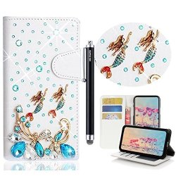 LG Aristo Case LG Fortune Bling Wallet Case - Castle Cas 3D Handmade Sparkle Crystal Butterfly Mermaid Pu Leather Anti-scratch Card Slots Bumper Design
