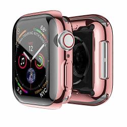 Tech Express Built In Screen Protector Case Compatible With Apple Watch Series 4 5 Iwatch Cover Metallic Rugged Shockproof Protective Bumper Chrome Rose Gold 44MM