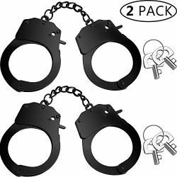 Hotop 2 Pieces Halloween Black Handcuffs Prop Stainless Steel Metal Handcuff With Keys For Cosplay Police Fancy Dress Ball Party Prop Black