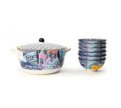 Blue Colourful Texture 1 Casserol And 6 PC Bowls Set - Dinnerware -1 Set Storage Container Kitchen Appliance Casserole Classic Deep Round Oven And