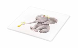 Lunarable Elephant Cutting Board Baby Elephant Giving Flowers To A Little Duck Watercolor Animal Illustration Decorative Tempered Glass Cutting And Serving Board Small Size
