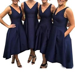 Molixin Navy Blue Ankle Length Bridesmaid Dresses Double Shoulder Lace Up Prom Dress Plus Size Guest Wedding Dress Navy Blue 18