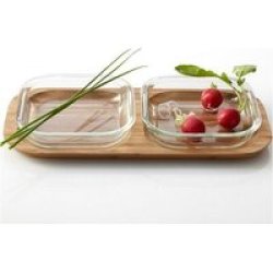 Wooden Serving Platter With 2 X Glass Bowls Gusto 3 Pieces