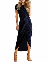 Qearal Women SHORT 3 4 Sleeve Belted Dress Elastic Waist Slit Long Maxi Dress 003 Short Sleeve-navy Blue L