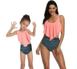 2 Piece Nylon Matching Bikini Swimwear Bathing Suits For Mom Or Daughter - Peach - Tribal Print - Size M