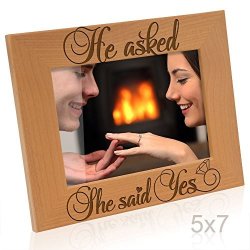 Kate Posh - He Asked She Said Yes Engraved Natural Wood Picture Frame - Engagement Gifts Best Friends Gifts Valentine's Day Gifts Christmas Gifts