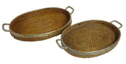 Decorative Oval Handcrafted Serving Wooden Wicker Trays With Side Handles Set Of 2 PWN-CB46A