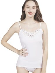 Womens Tank Top Camisoles With Premium Cotton Italian Design - Trimmed With Flower Lace On Neckline 928-WHITE S