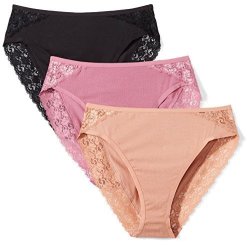 Amazon Brand - Arabella Women's Smooth Cotton High Leg Lace Detail Brief Panty 3 Pack Black caf Au Lait bordeaux Medium