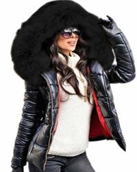 Aofur Womens Ladies Quilted Winter Coat Fur Collar Hooded Down Jacket Parka Outerwear XL Black_black Fur