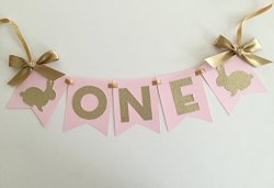 Bunny High Chair Banner In Pink And Gold In 1ST Birthday. First Birthday Decorations. One High Chair Banner. Some Bunny Is One