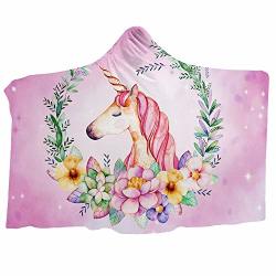 Cusphorn Hooded Unicorn Blanket For Kids Girls Cartoon Unicorn With Flowers Fleece Blanket Black Pink Sherpa Blanket 59" By 51"