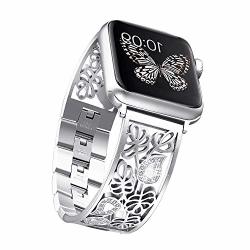 Secbolt Carved Flower Bling Bands Compatible With Apple Watch Band 42MM 44MM Iwatch Series 5 4 3 2 1 Stainless Steel Dressy Jewelry Diamond Bracelet Bangle Wristband Women Silver