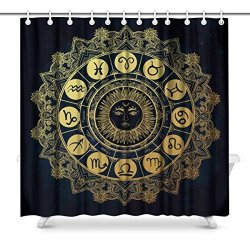 InterestPrint Romantic Beautiful Line Art Of Zodiac Set With Sun In The Middle Home Art Paintings Pictures Art Bathroom Decor Shower Curtain With Hooks