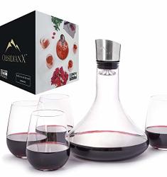 Wine Decanter - Hand Blown Crystal Clear 100% Lead Free Red Wine Carafe With Stainless Steel Aerator And 4 Stemless Wine Glasses
