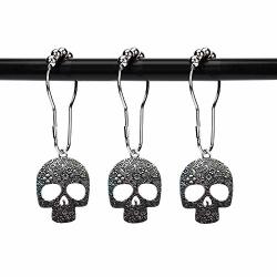 Zilucky Set Of 12 Sugar Skull Shower Curtain Hooks Decorative Home Bathroom Stainless Steel Rustproof Skeletons Shower Curtain Rings Decor Accessories Silver