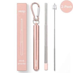 Flyby Portable Reusable Drinking Straws Collapsible & Foldable Telescopic Stainless Steel Metal Straw Dispenser Final Aluminum Case Long Cleaning Brush Silicone Tip Rose Gold 2-PACK