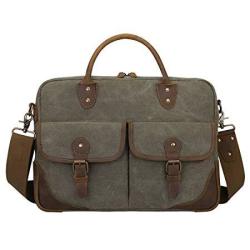 On - S-zone Vintage Canvas Leather Messenger Bag Briefcase 15.6-INCH Laptop Tote Shoulder Bag Army Green