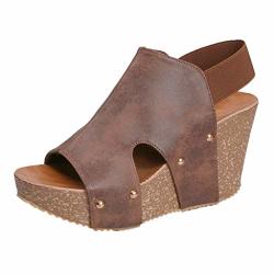 Women's Kauneus Wedge Platform Sandal Elastic Ankle Strap High Heel Cork Slip On Casual Summer Shoes Brown