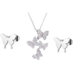 Za Cute Butterfly Earrings And Necklace Set - Silver