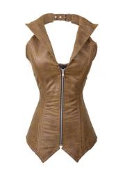 Slinky Brown Leather-like Overbust Corset With Windbreaker Collar Lace-up Back