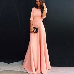 Shipping - Women's New Pink O-neck Solid Satin Floor-length Maxi Dress - Asian M