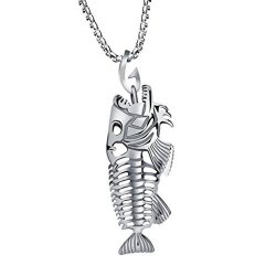 Sameno New Man Fish Bone & Fishing Hook Skeleton Stainless Steel Pendant Surfer Chain Necklace Silver