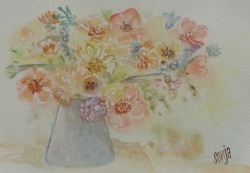 Bouquet In Blue Vase - Watercolours & Acrylics On Paper