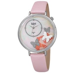 Burgi BUR158 Skinny Leather Womens Watch With Crystal Butterflies Genuine Diamond Markers And Flower Designs On MOther Of Pearl Dial Classic Round Analog Quartz Pink