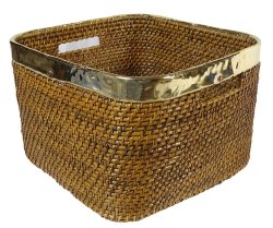 Square Laundry Basket Wooden Wicker Hand Woven Cane Baskets With Metal Fencing PWN-CB17A