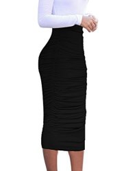Vfshow Womens Elegant Black Ruched Ruffle High Waist Pencil Midi Mid-calf Skirt 2277 Blk XL