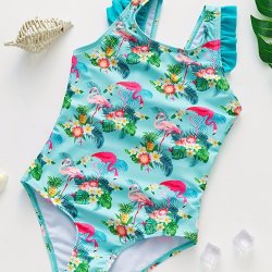 Leaf & Flamingo Print Girls 1-PIECE Swimsuit Frill Straps Bow Swimwear Swimming Pool Beach Holiday Bathing Suit