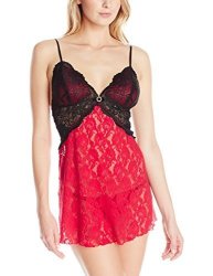 Cinema Etoile Women's Rea-stretch Babydoll Chemise With Contrast Lace True Red black Medium