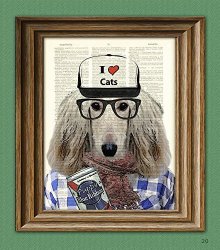 Sal The Hipster Dog Afghan With Ironic Hat And Pbr Illustration Beautifully Upcycled Dictionary Page Book Art Print