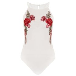 Quiz Cream And Red Mesh Flower Embroidered Bodysuit