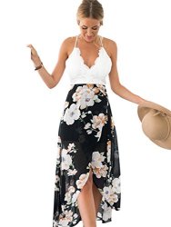 Blooming Jelly Women's Deep V Neck Sleeveless Summer Asymmetrical Floral Maxi Dress